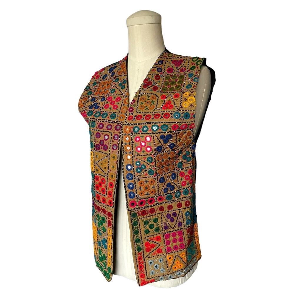 Vintage Multicolor Ethnic Look Mirror Work Embroidered Colorful Brown Black Back - Picture 2 of 7